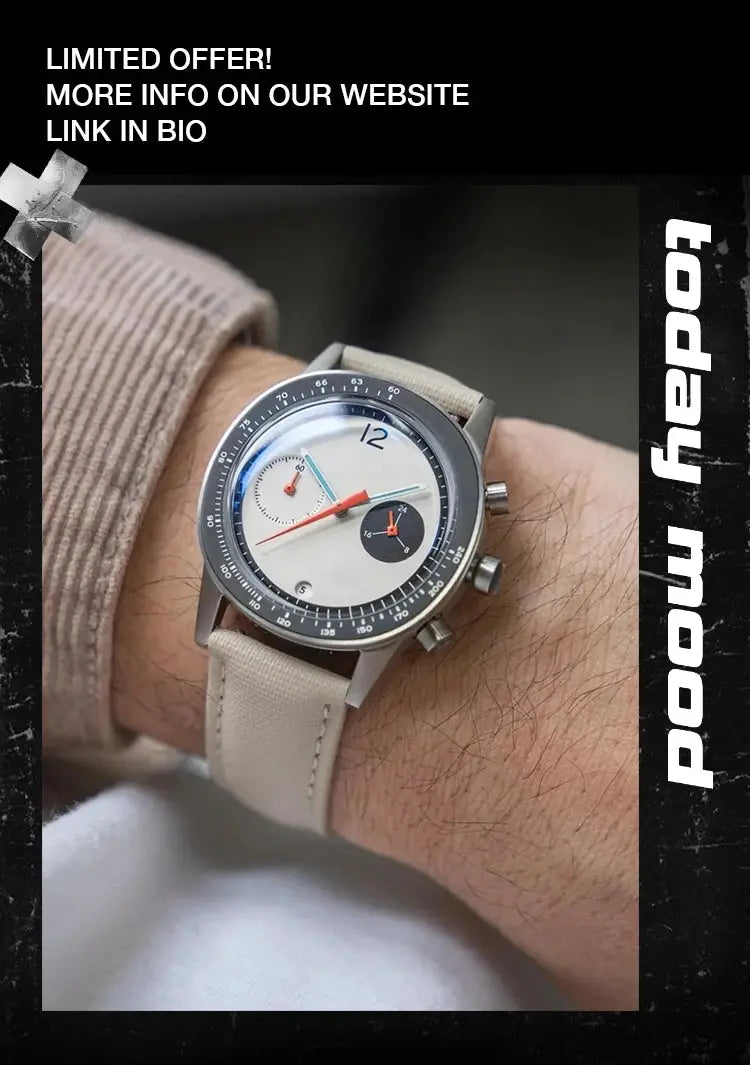 CILOA2025 men's quartz wristwatch with beige fabric strap, silver case, white dial and chronograph subdials.