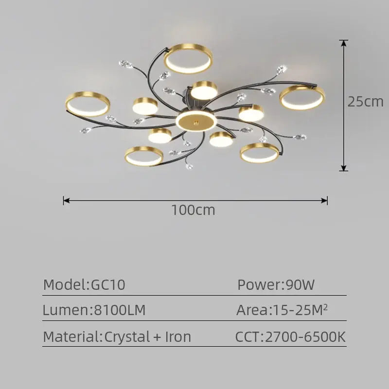 IRALAN modern ceiling chandelier with gold ring LED lights and crystal accents, 100cm wide by 25cm tall.