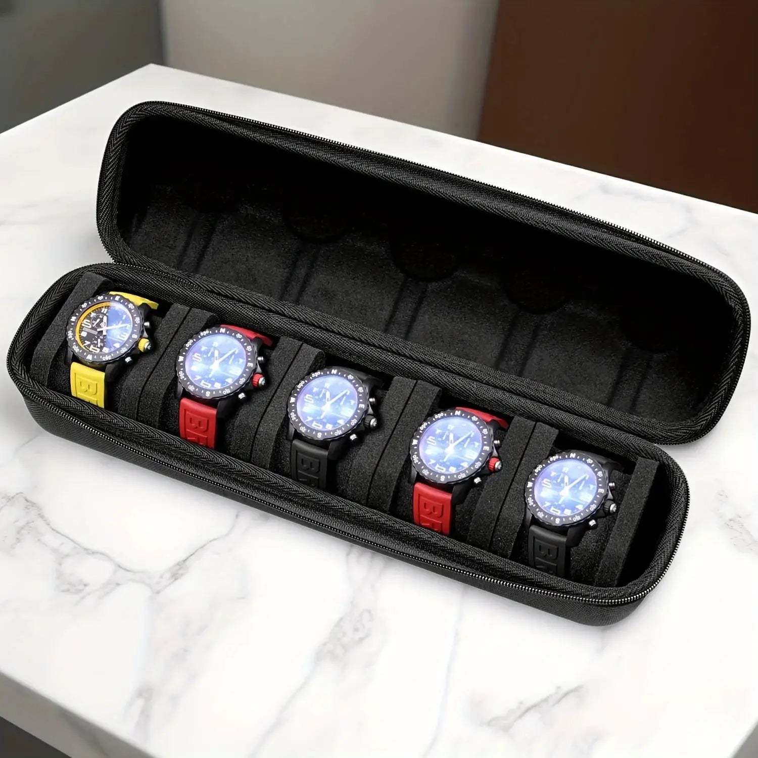 TravelGuard 5 Slot Watch Case Hard Shell Travel Organizer With Pillow Insert For Smart Watches Gift Ready Black