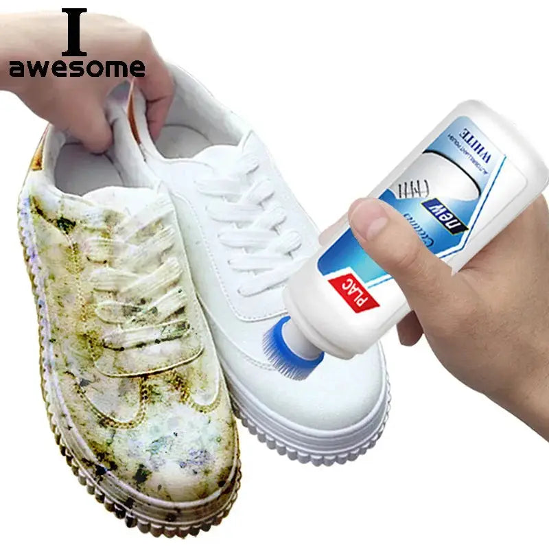 Shoe cleaner for leather sneakers; white bottle with blue label and brush tip