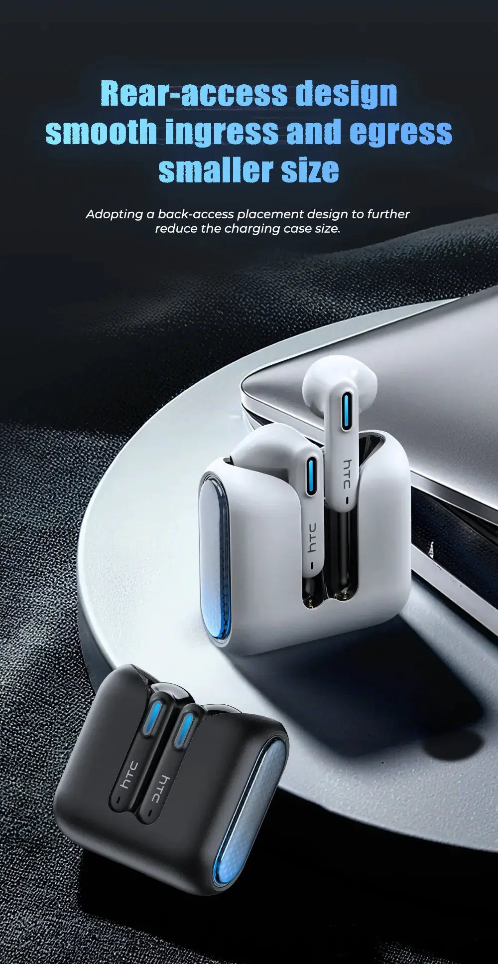 HTC NE49 Bluetooth TWS earphones with charging case, white and black variants with blue LED accents
