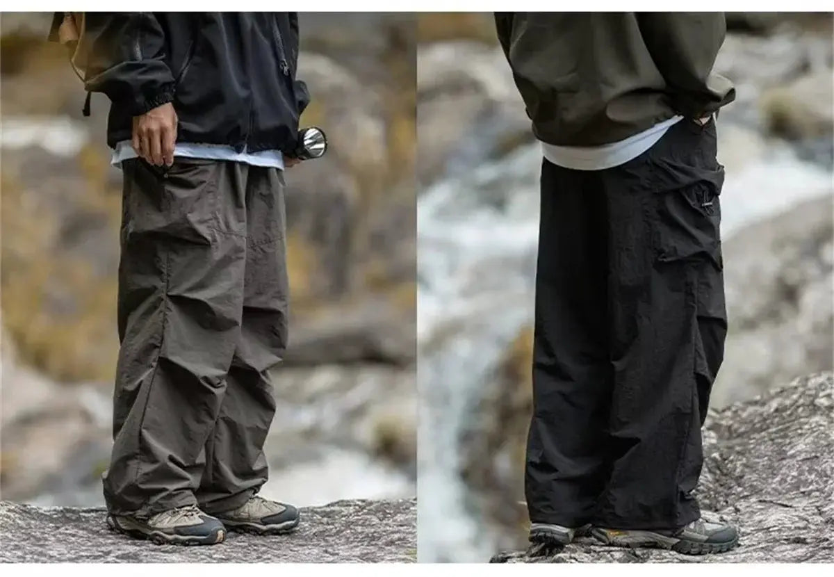 Men's waterproof mountaineering pants in gray and black with cargo pockets; two styles shown, Simples Market