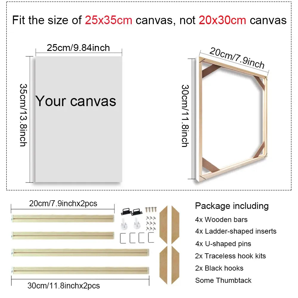 Simples Market natural wood frame set for 25x35 cm canvases; includes 4 bars and hardware