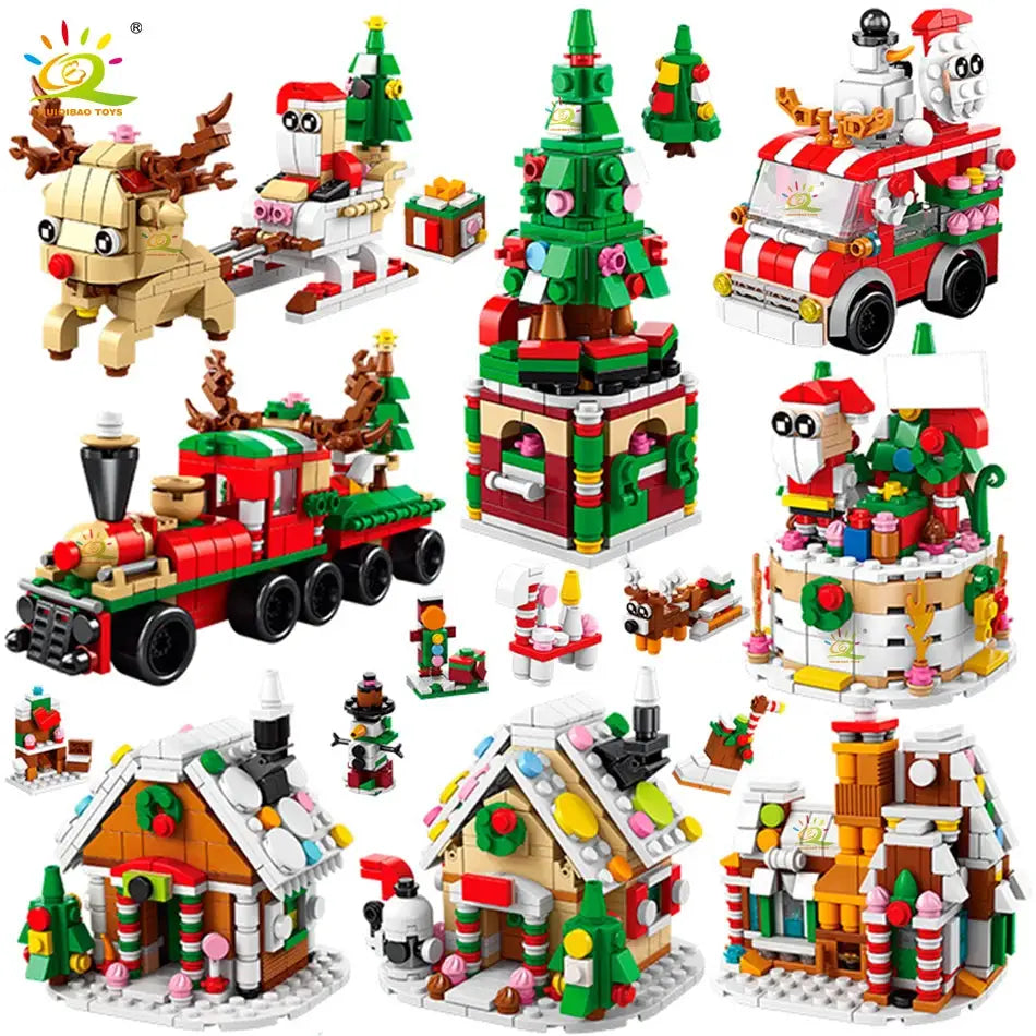 HUIQIBAO 6 In 1 Christmas Building Blocks Set Elk Deer Santa Claus Snow House Xmas Tree Bricks Toys for Children Gifts