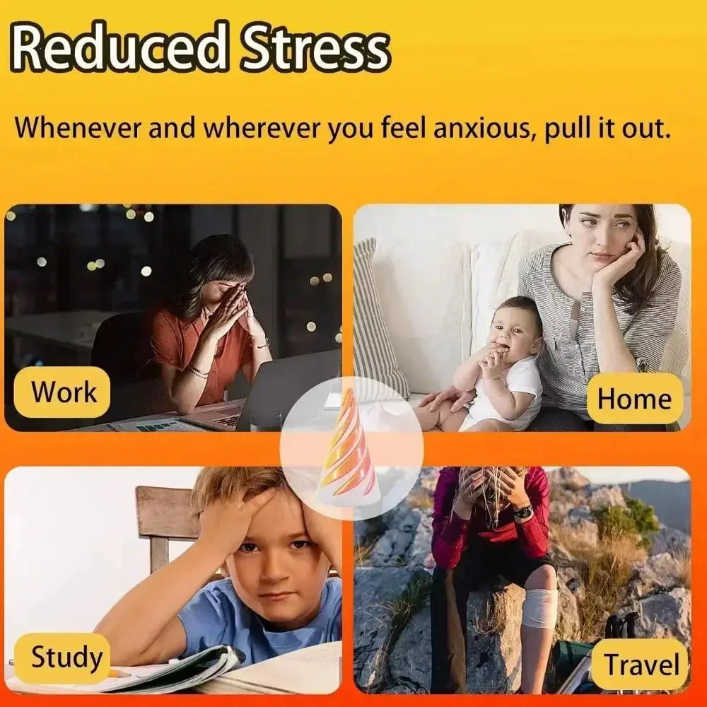 3D-printed helix screw fidget toy, colorful spiral, stress relief, shown in work, home, study, travel scenes