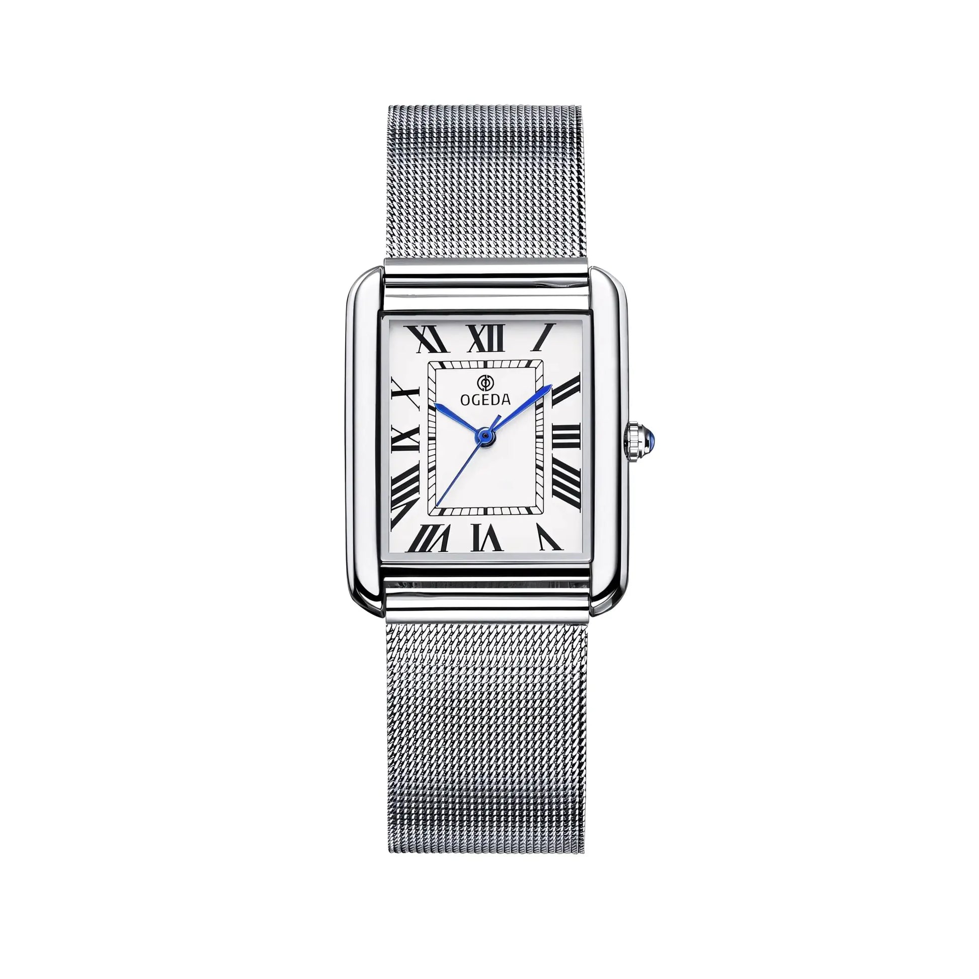 OGEDA square-dial stainless steel watch with a mesh bracelet and blue hands