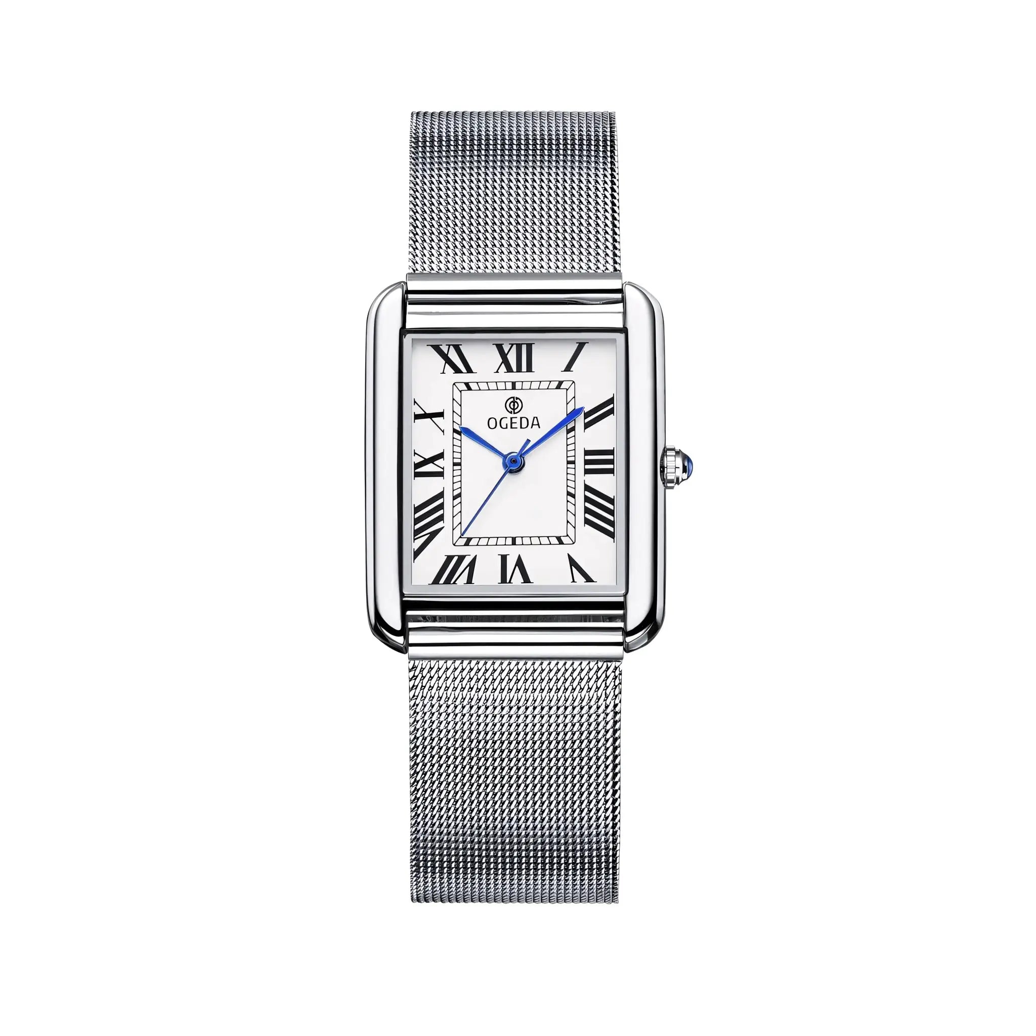 OGEDA square-dial stainless steel watch with a mesh bracelet and blue hands
