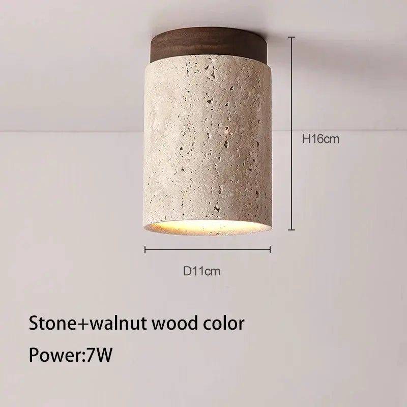 Simples Market Japanese-style LED ceiling lamp, round stone and walnut wood, surface-mounted downlight, 7W, 110–220V