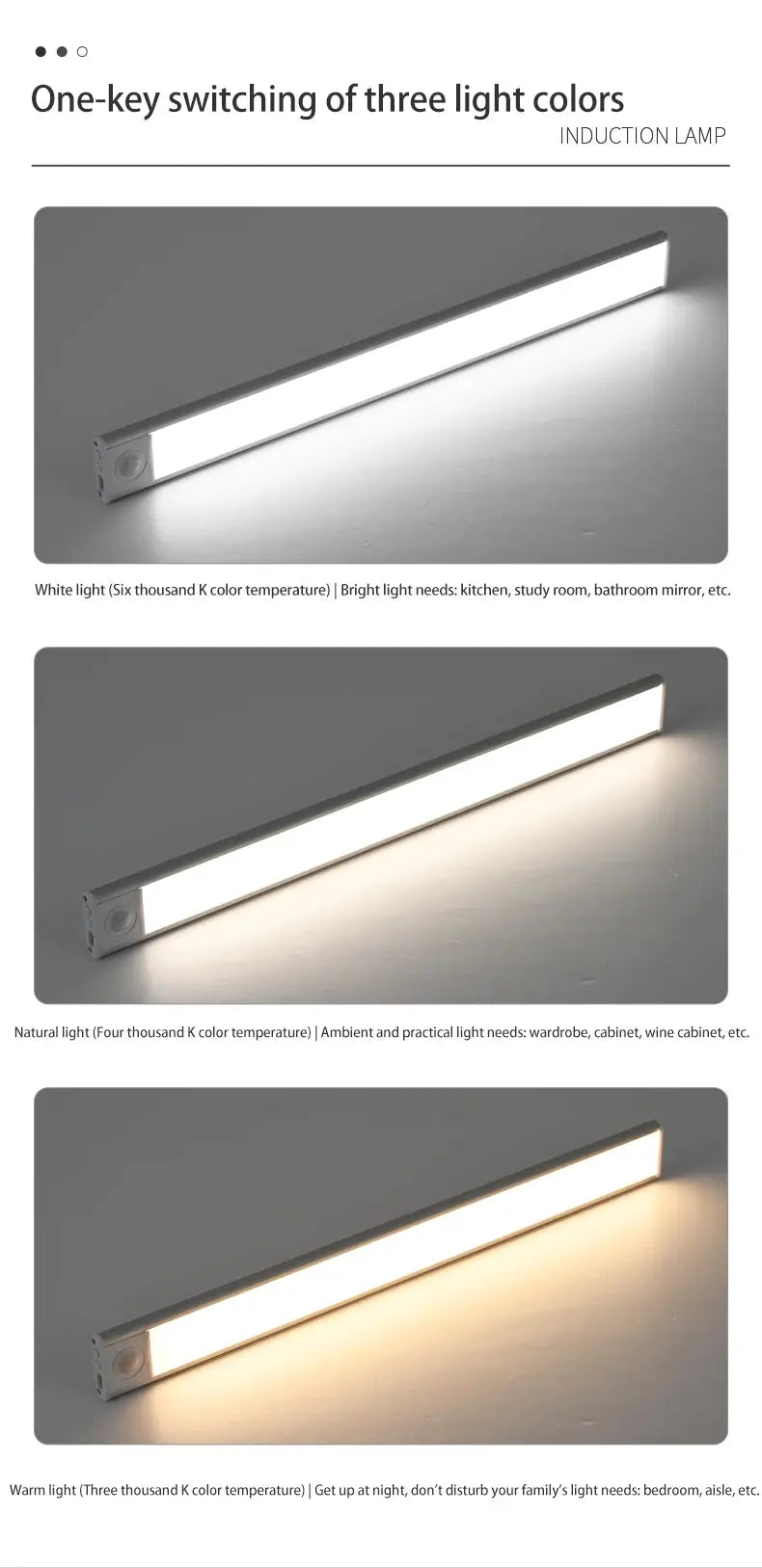 LED motion-sensor under-cabinet light bar, USB-powered with warm, natural, and white color temperatures
