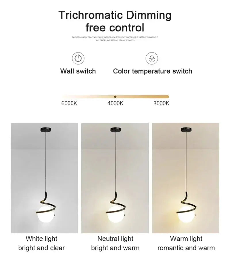 Nordic pendant light by Simples Market; spiral hanging lamp with tri-color temperature (3000–6000K) for living/dining