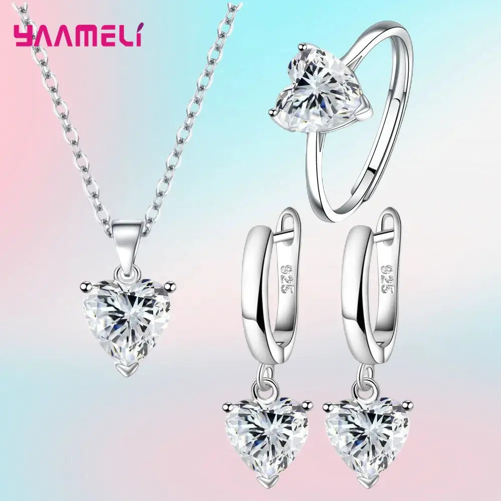 Fine 925 Sterling Silver Jewelry Gift Set For Women Heart Zircon Huggie Earrings Pendant Necklace Ring