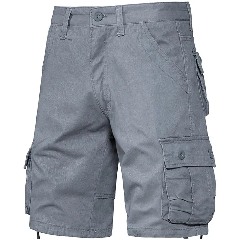 Simples Market men's gray cargo shorts with side pockets; cotton, casual outdoor wear.