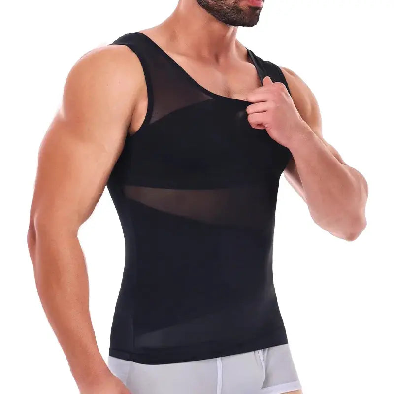 Men's shapewear tank top with cross mesh panels; black breathable compression shirt for slimming and back support.