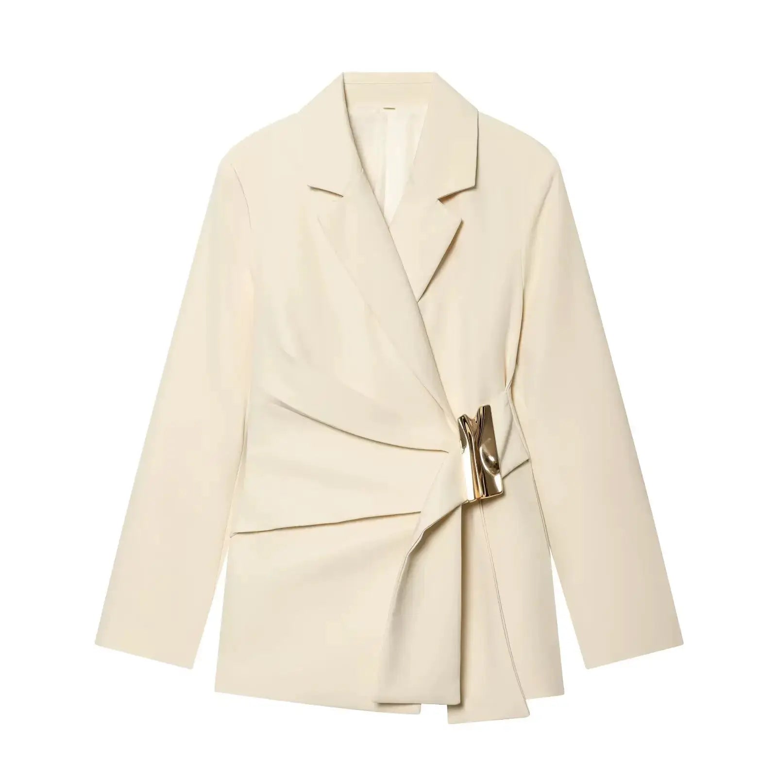KONDALA white blazer suit with wrap front, long sleeves and gold buckle detail by Simples Market