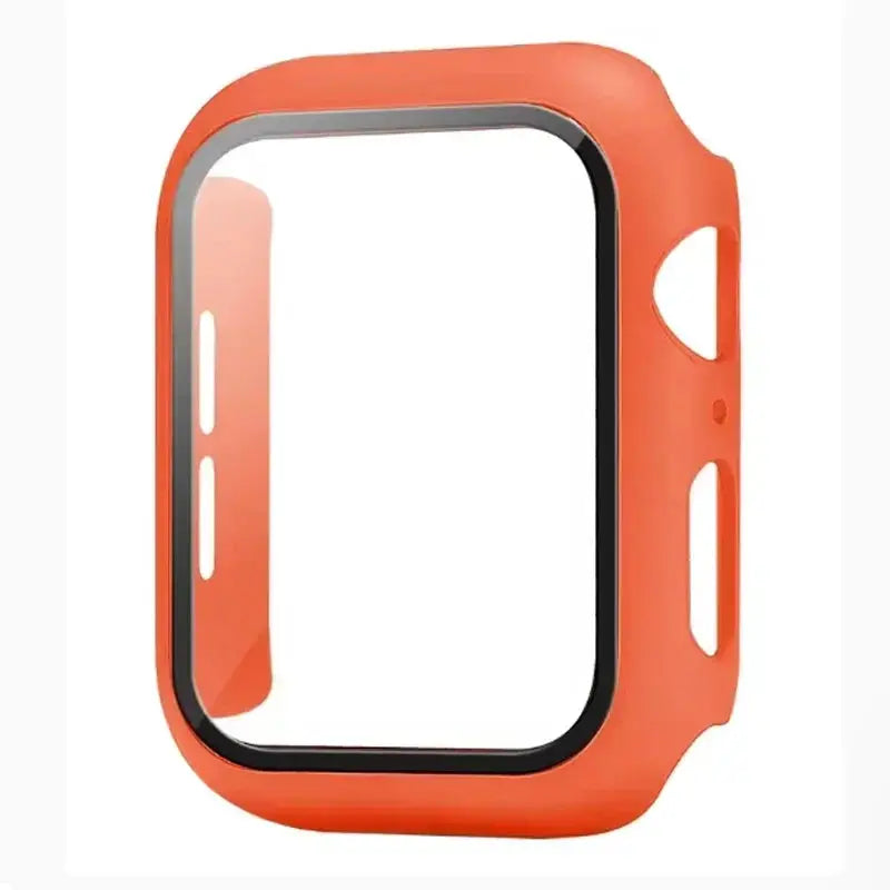 Tempered Glass+Case for Apple Watch orange protective frame with black inner rim, fits 38–46mm sizes.