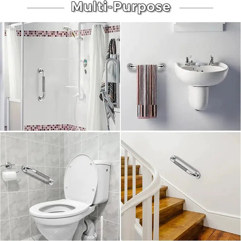 Stainless steel bathroom grab bar with anti-slip surface; 300/400/500mm lengths, towel rack