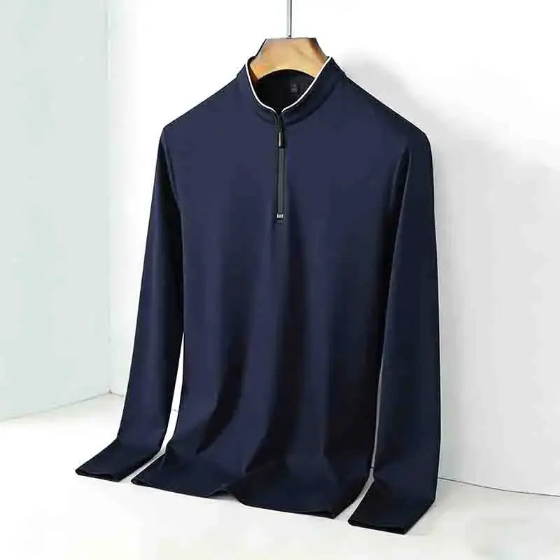 Navy blue men's stand-collar half-zip long-sleeve pullover top, casual slim-fit.