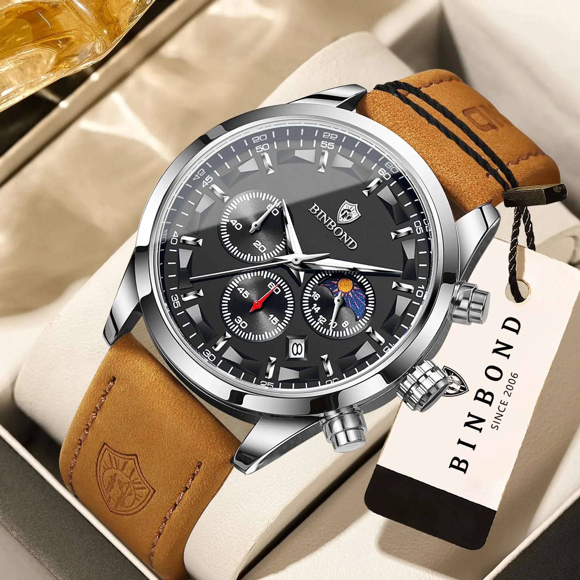 BINBOND men's chronograph quartz wristwatch with tan leather strap and stainless steel case