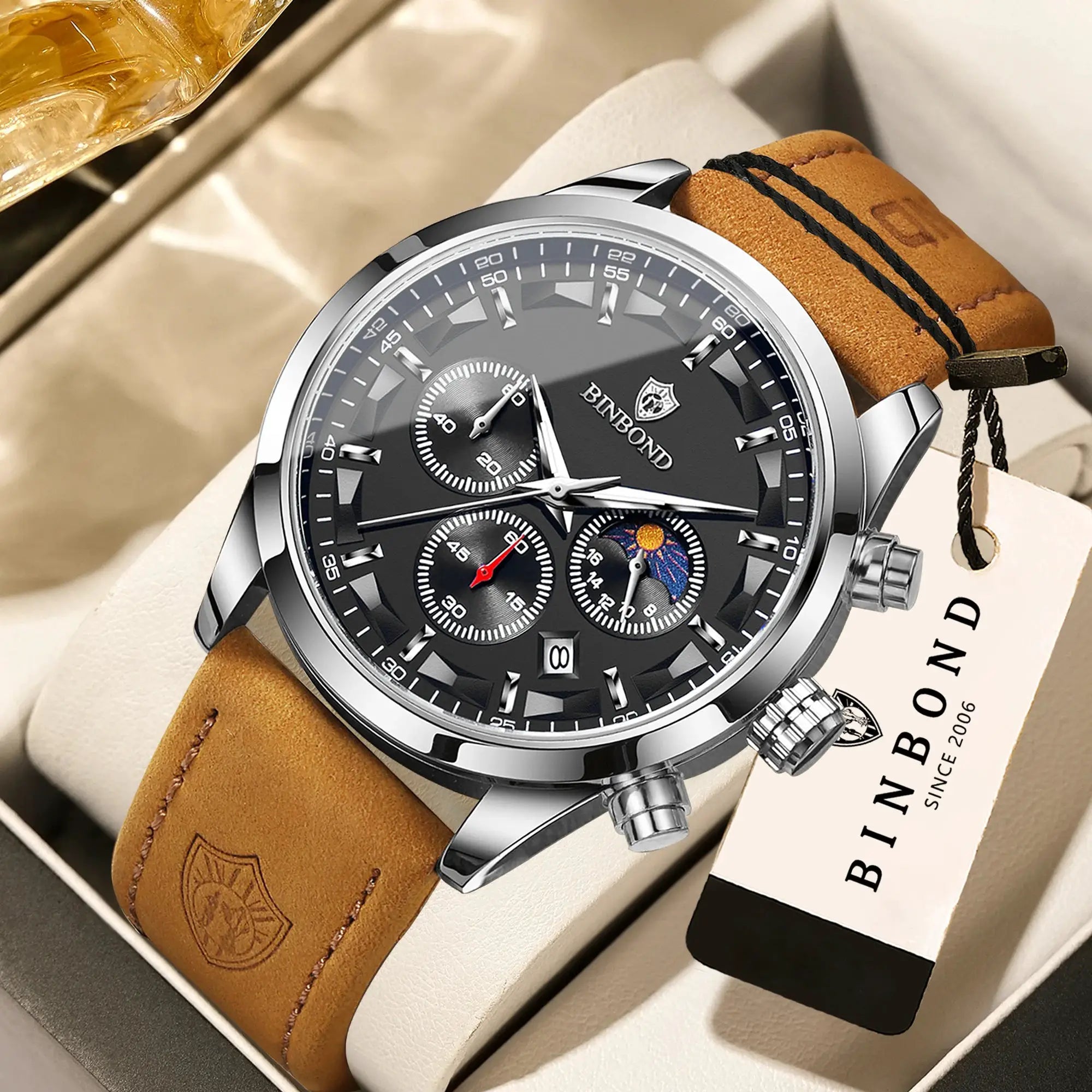 BINBOND men's chronograph quartz wristwatch with tan leather strap and stainless steel case
