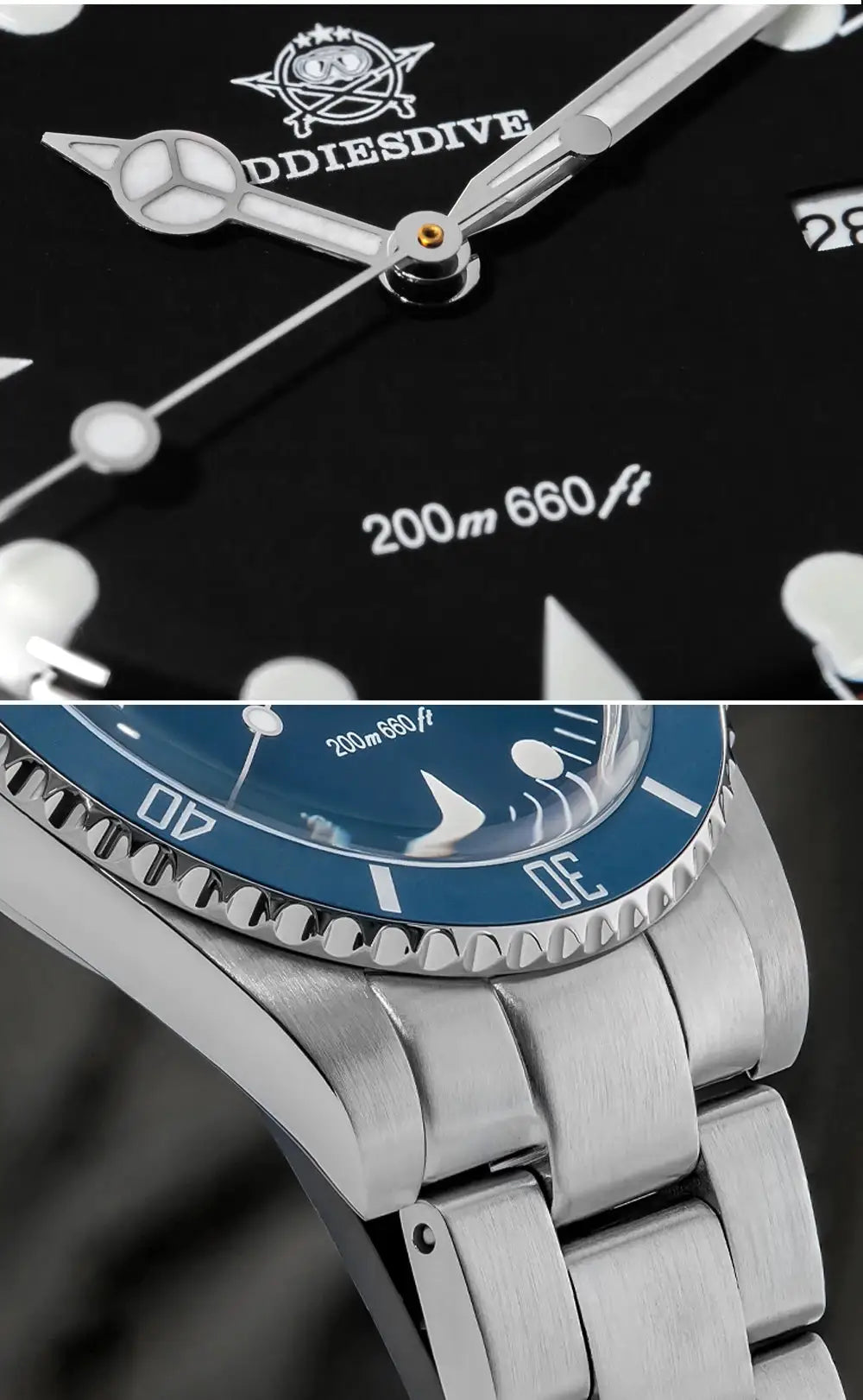 ADDIESDIVE men's analog diver's watch with blue bezel, stainless steel bracelet, 200m water resistance