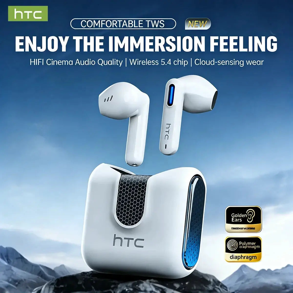 HTC NE49 Bluetooth TWS earphones with white charging case and blue trim, Simples Market