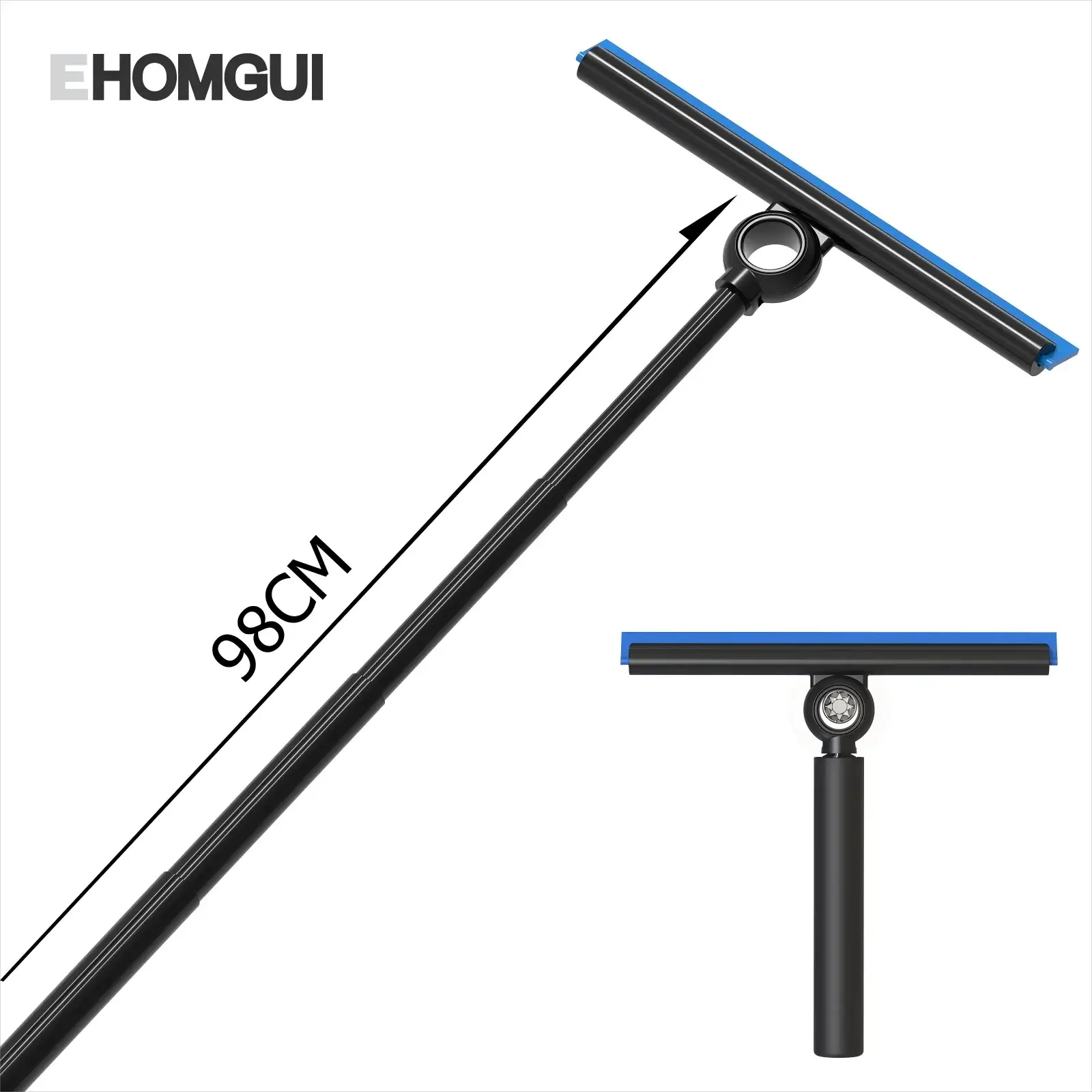 EHOMGUI shower squeegee with telescopic black handle and blue-edged blade, 98 cm extended