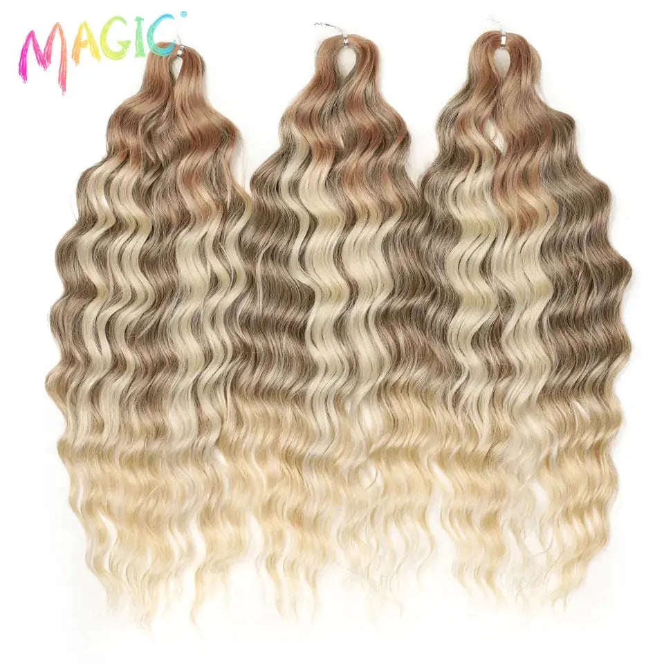 Three bundles of Anna 24in synthetic water-wave braiding hair extensions in ombre blonde, Magic logo visible.