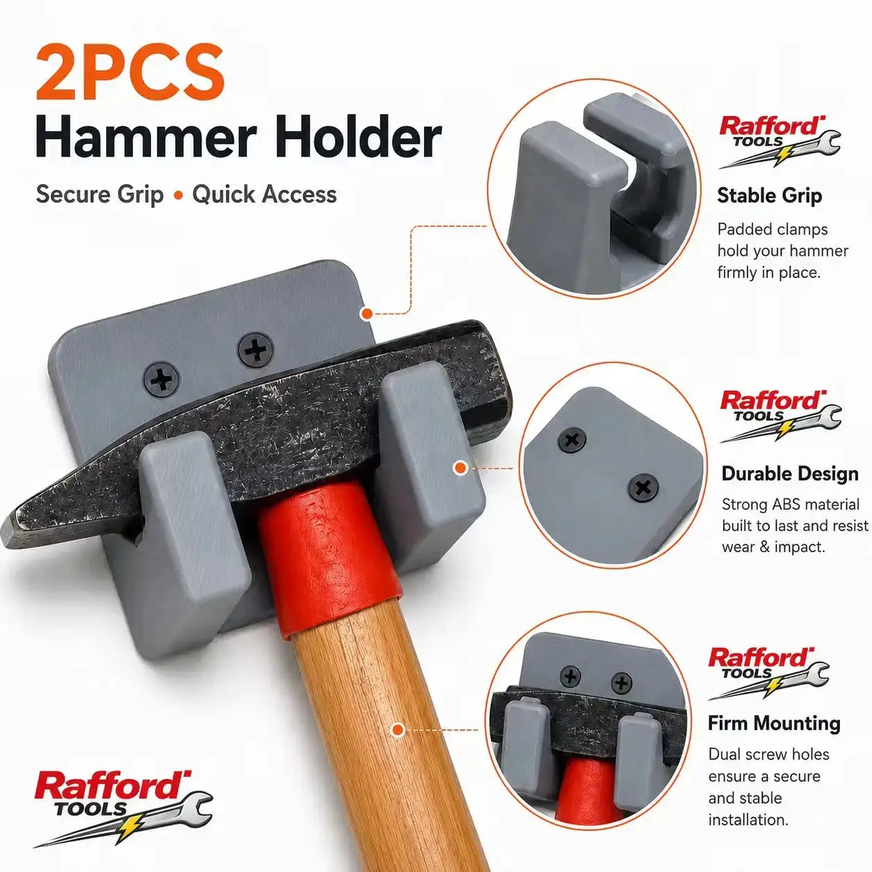 Rafford Tools 2-pack wall-mounted hammer holder, gray ABS hammer rack with secure grip for garage workshop.