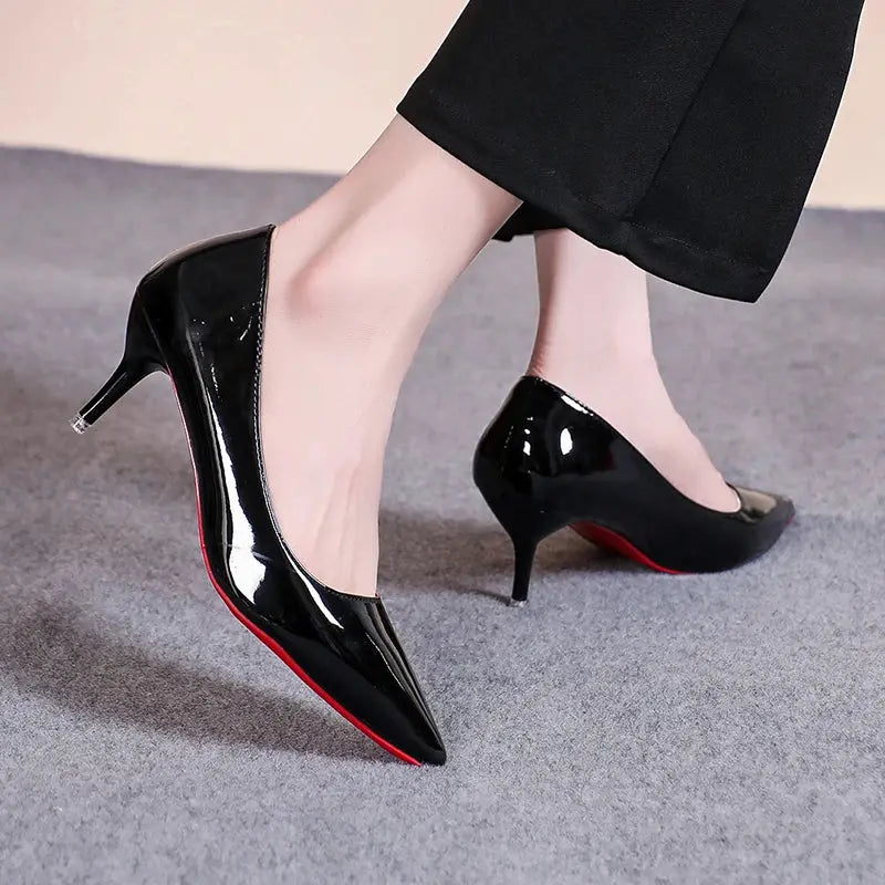 LuxePoint Pointed Toe Patent Leather High Heels Red Sole Stiletto Pumps For Work And Parties