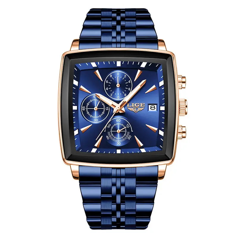 LIGE men's luxury square-dial watch with blue stainless steel band, rose-gold case, chronograph subdials and date window