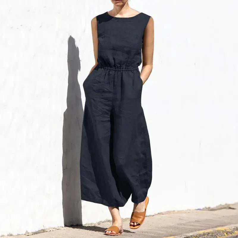 Cotton and linen jumpsuit for women, black sleeveless high-waist with pockets and wide legs