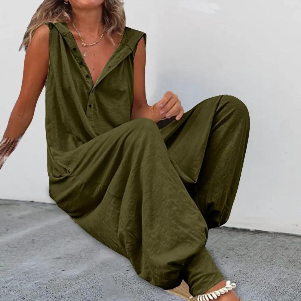 Women's cotton overalls in olive green with a wide-leg silhouette, casual boho style