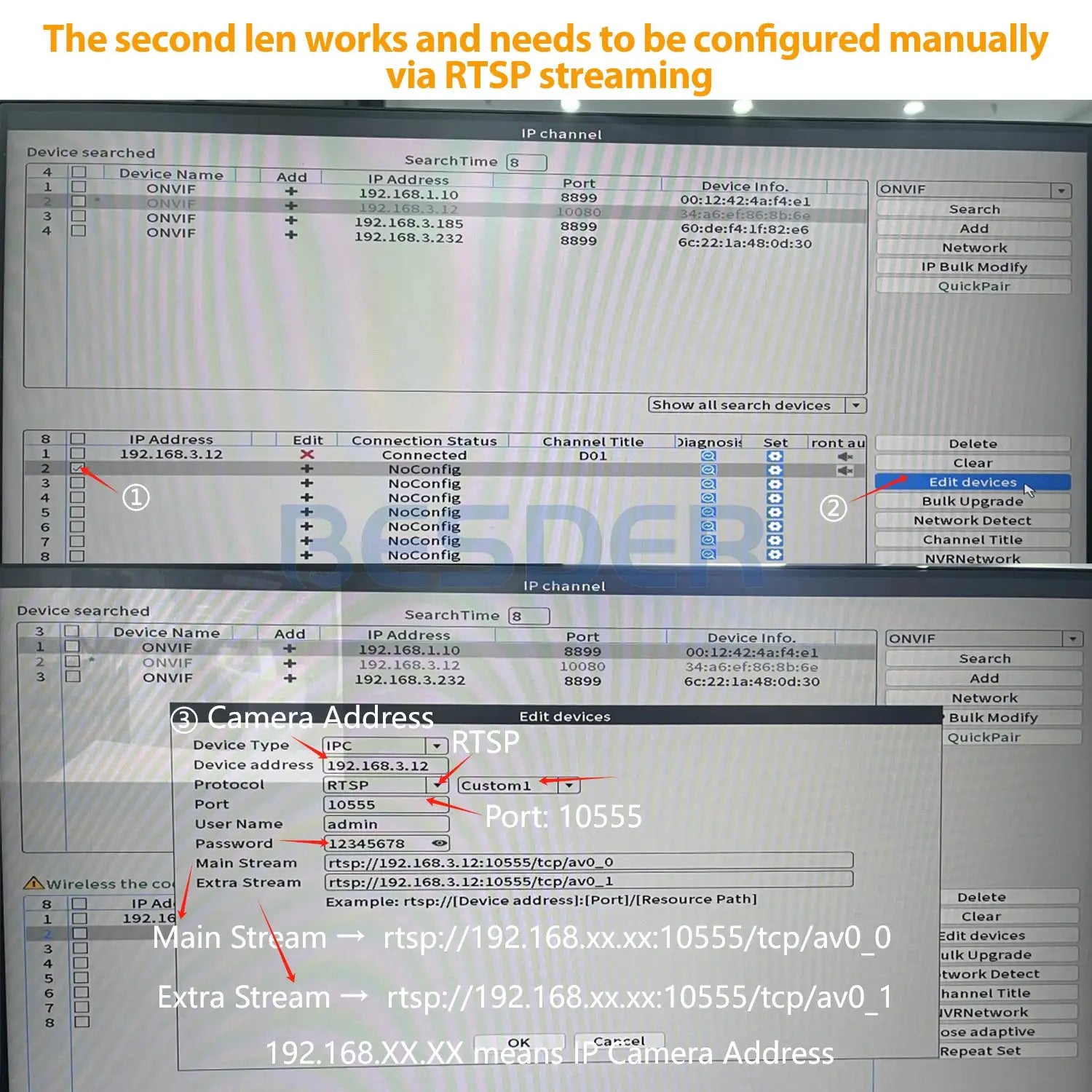 Simples Market BESDER 15MP WiFi outdoor CCTV camera setup screen showing RTSP main and extra streams and IP addresses