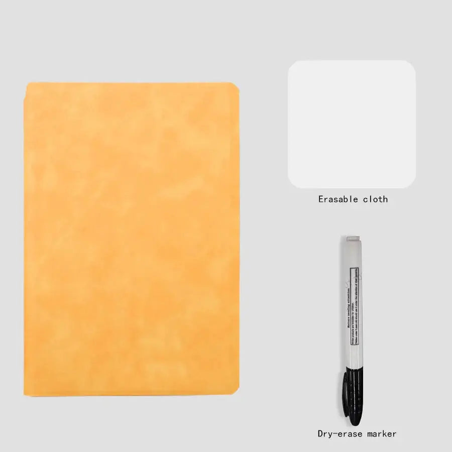 A5 orange leather memo pad set with reusable whiteboard surface, includes dry-erase marker and erasing cloth