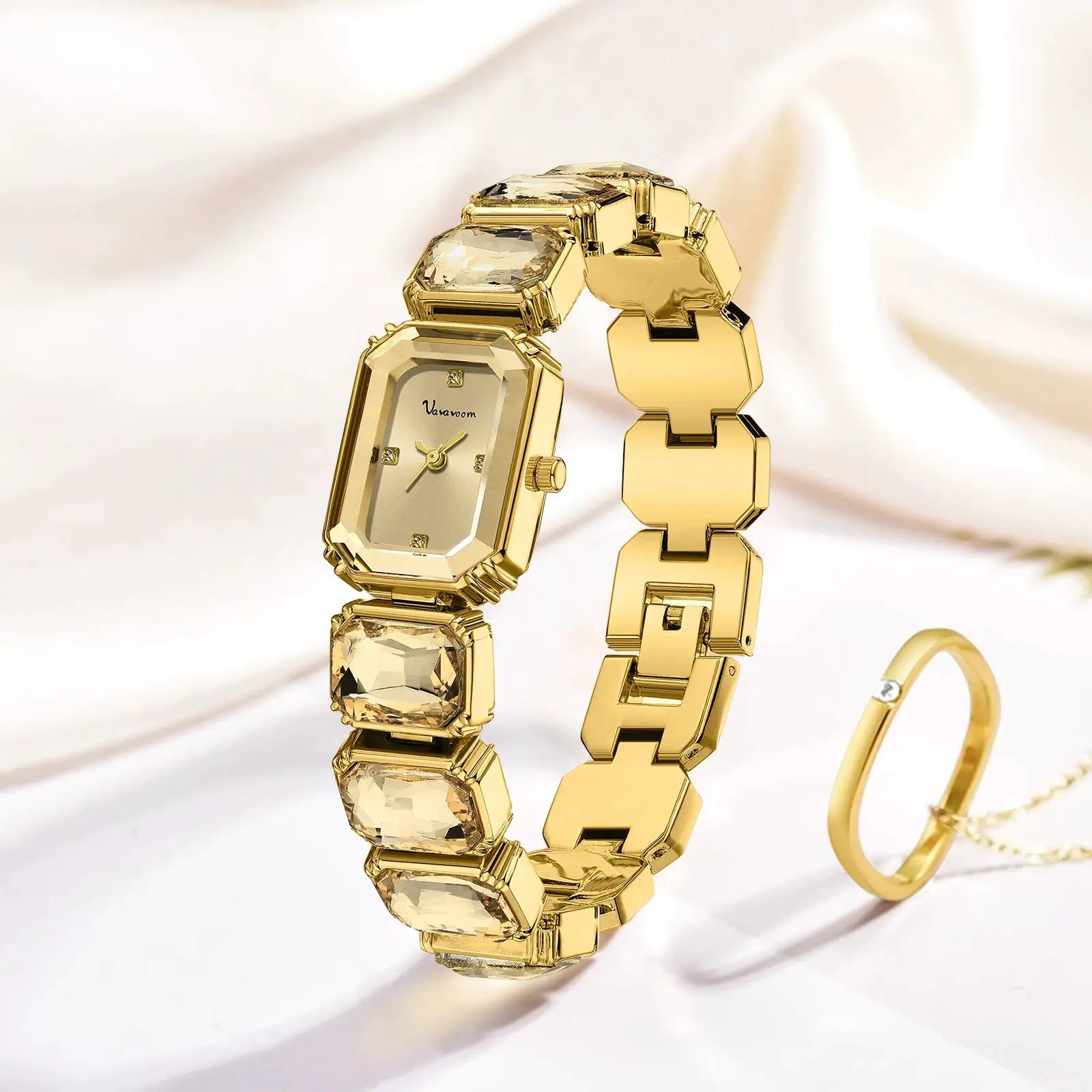 Simples Market gold-tone square rhinestone watch with stainless steel bracelet and rose-gold finish