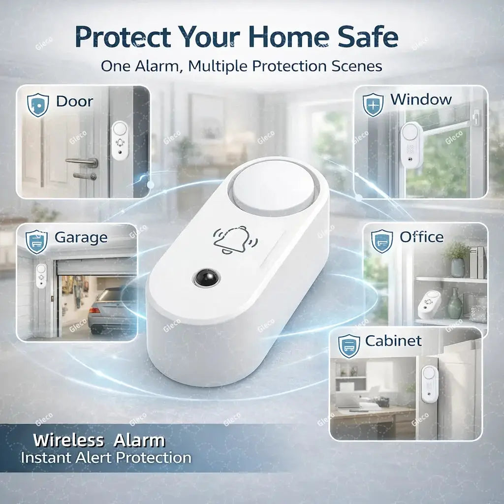 Zigbee siren alarm by Simples Market; white wireless home security sensor with vibration alert for doors and windows.