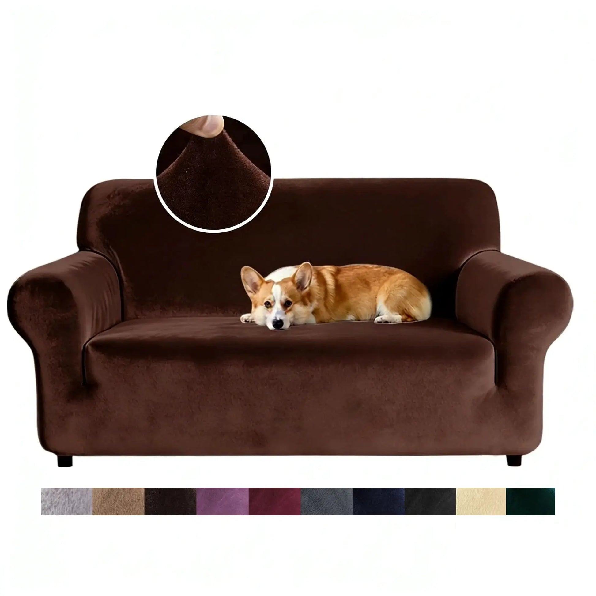 Velvet sofa cover by Simples Market in chocolate brown; thick elastic plush fabric for 1-4 seater L-shaped sofa