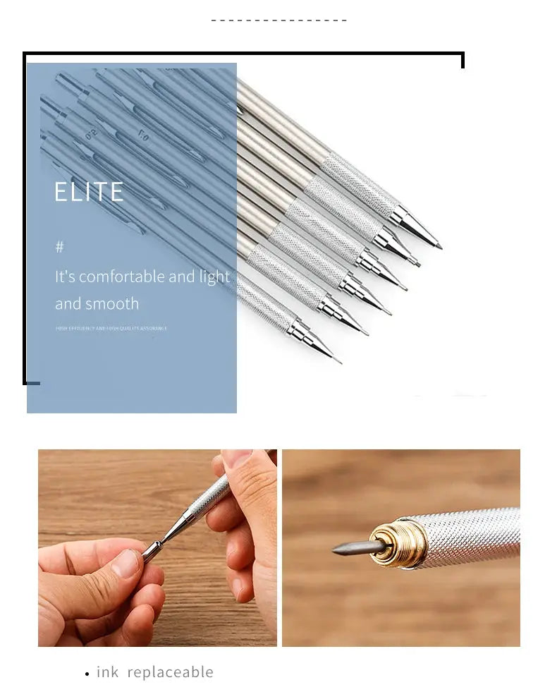 Mechanical pencil set, full-metal ELITE pencils with 0.3–2.0mm leads; 6 pieces shown