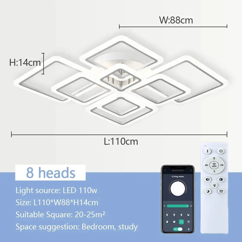 Ceiling chandelier with 8 square acrylic LED heads and white geometric rings, remote control