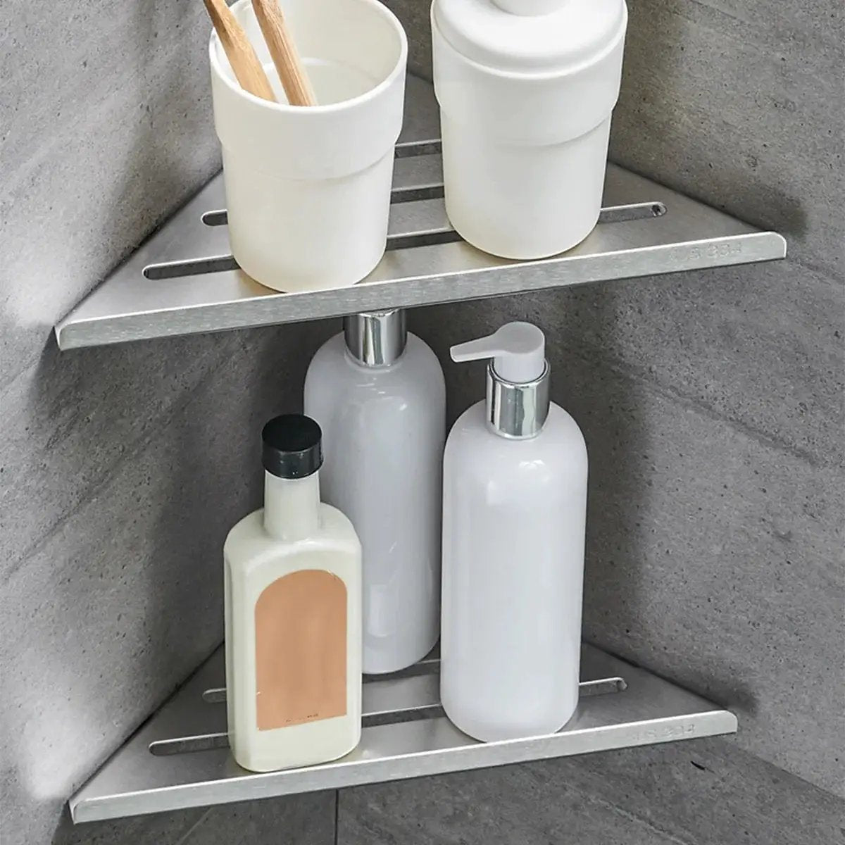 Simples Market stainless steel corner shower shelf, two-tier no-drill rack for shampoo bottles