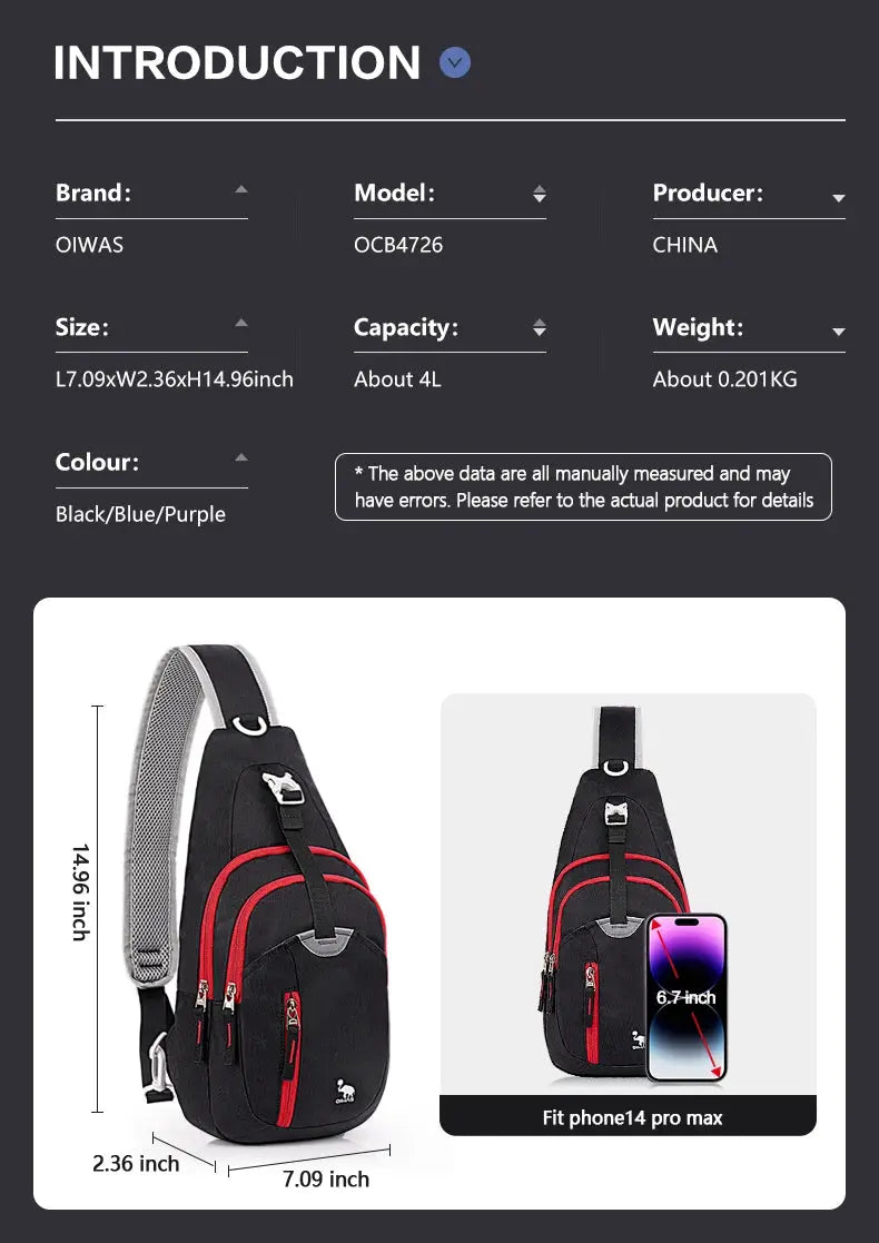 OIWAS black crossbody sling bag with red zippers; one-strap design, fits iPhone 14 Pro Max