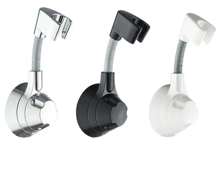 Suction cup shower head holder with adjustable gooseneck; chrome, black, and white variants (3).