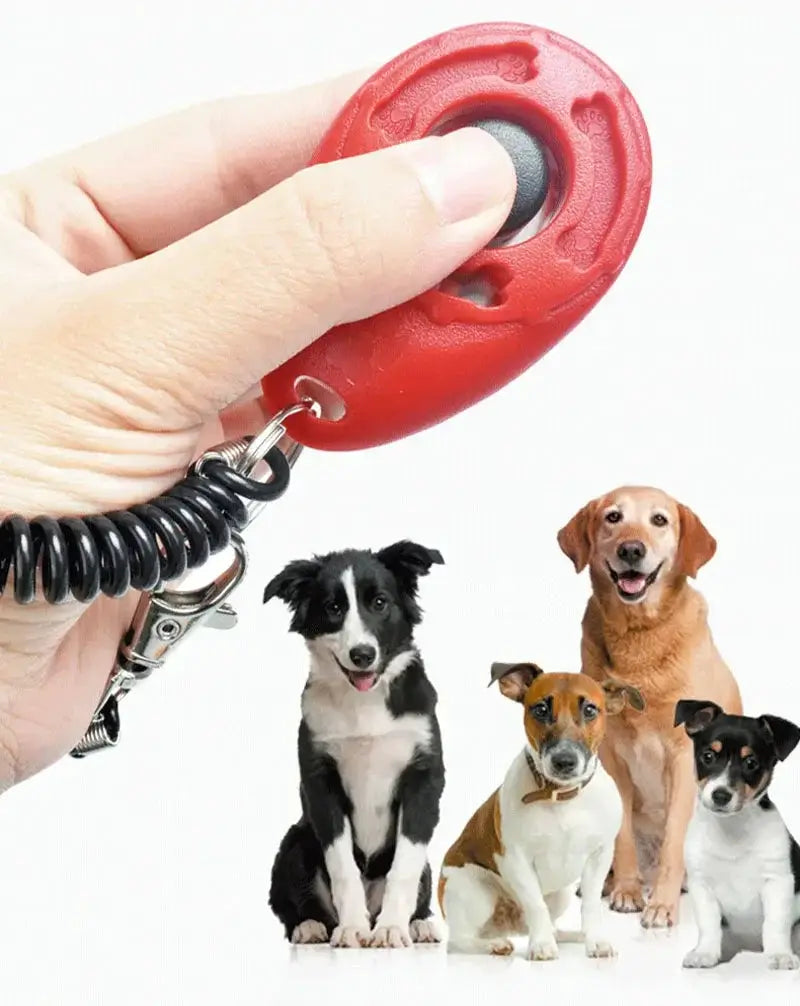 Adjustable dog training clicker in red with wrist strap and keychain; four dogs pictured.