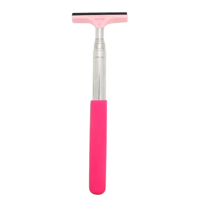 Telescopic car window cleaning brush with pink foam grip and pink squeegee head