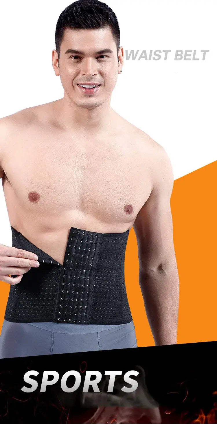 Simples Market men's black waist trainer trimmer belt with adjustable hook closures for abdomen control.