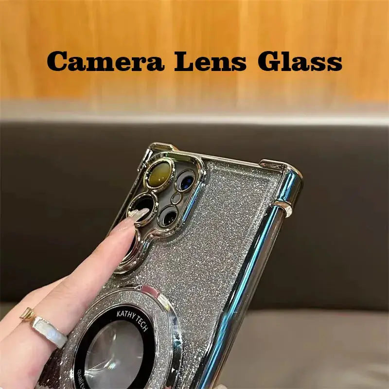 GleamGuard Luxury Magnetic Plating Stand Case Glitter Clear Cover for Samsung Galaxy S20 FE to S25 Edge Shockproof