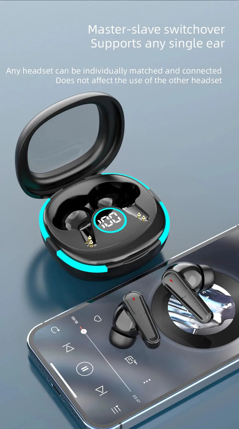 Plus50 ANC+ENC true wireless earphones in charging case with LED display for iPhone and Android (2 earbuds)