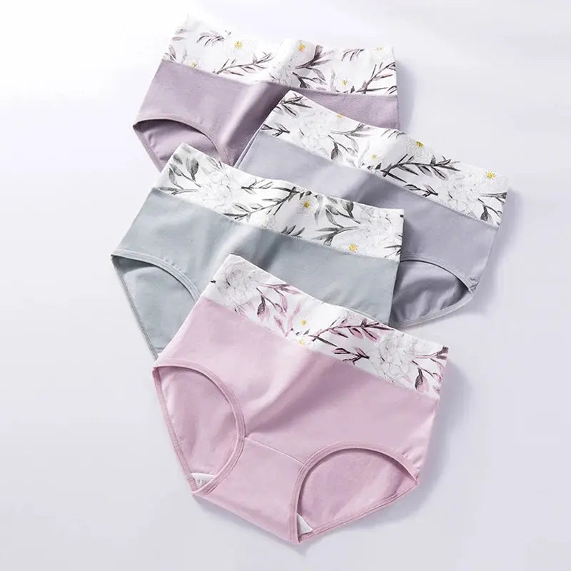 4-pack high-waist breathable cotton panties for plus-size women, pastel colors with floral waistband