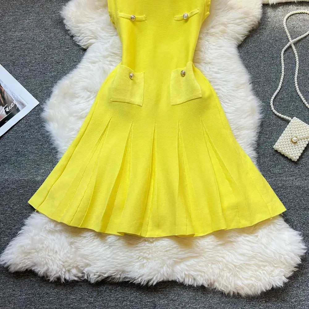 YuooMuoo Chic Pleated Short Dress Women O Neck Slim Waist Party Dress
