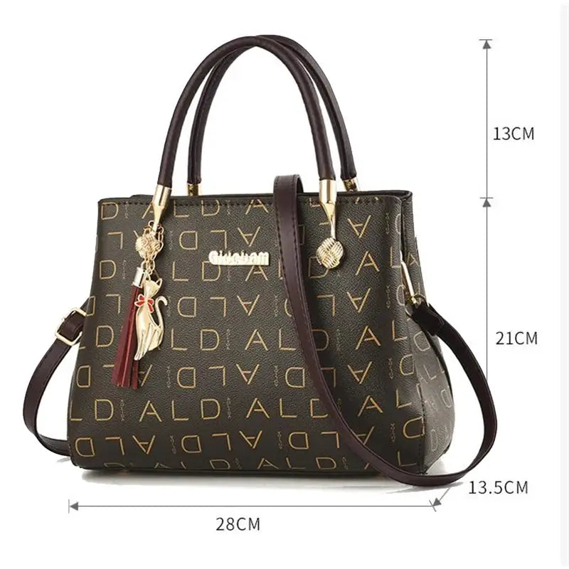 Simples Market PU leather crossbody tote bag for women, brown with gold logo pattern, large capacity